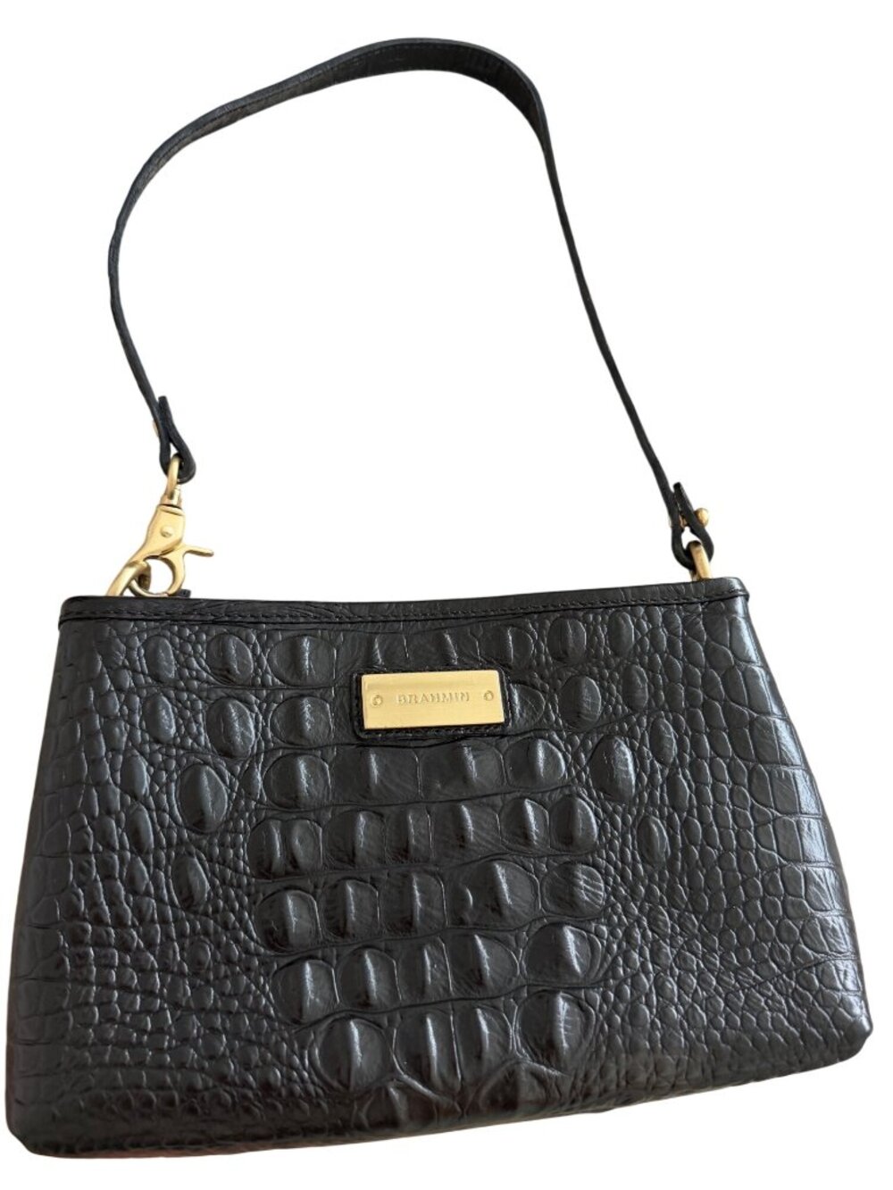 Brahmin Womens Croc-Embossed Leather Wristlet Shoulder Bag Small Black Casual